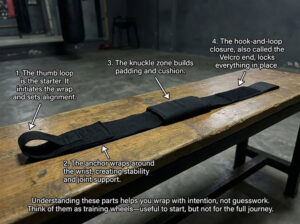 How to Wrap Your Hands Properly for Boxing 11 Close-up photo of an athlete demonstrating Anatomy of a Boxing Hand Wrap for Boxing by securing the thumb and wrist.