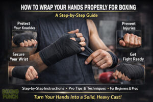 How to Wrap Your Hands Properly for Boxing 3 Close-up photo of an athlete demonstrating How to Wrap Your Hands Properly for Boxing by securing the thumb and wrist with 180-inch Mexican style wraps.