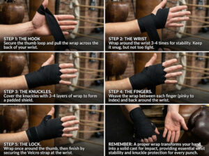 How to Wrap Your Hands Properly for Boxing 1 Close-up photo of an athlete demonstrating How to Wrap Your Hands Properly for Boxing by securing the thumb and wrist with 180-inch Mexican style wraps.