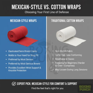 How to Wrap Your Hands Properly for Boxing 8 Close-up photo of an athlete demonstrating Mexican Style Wraps vs. Cotton Wraps for Boxing by securing the thumb and wrist with 180-inch Mexican style wraps.