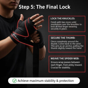 How to Wrap Your Hands Properly for Boxing 17 Close-up photo of an athlete demonstrating Step 5 The Final Lock in Boxing for securing the thumb and wrist.