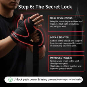 How to Wrap Your Hands Properly for Boxing 18 Close-up photo of an athlete demonstrating Step 6 The Secret Lock in Boxing for securing the thumb and wrist.