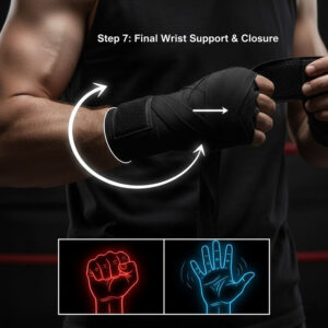 How to Wrap Your Hands Properly for Boxing 19 Close-up photo of an athlete demonstrating Step 7 Final Wrist Support & Closure in Boxing for securing the thumb and wrist.